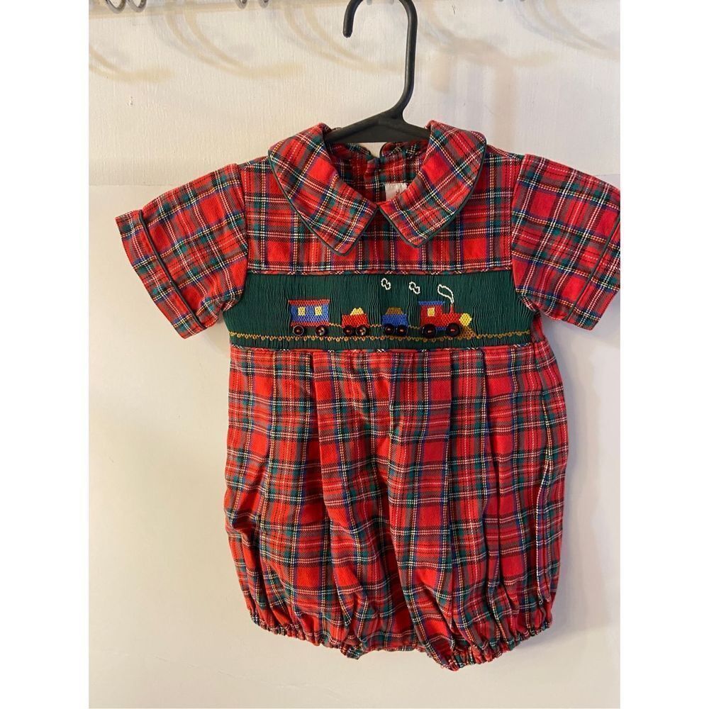 House of Hattan bubble romper 12 months‎ smocked train red green Christmas